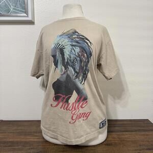 Hustle Gang Graphic T-Shirt Beige with Feathered Headdress Print Size Medium